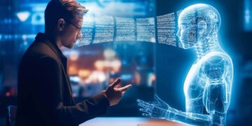 Illustration de l'IA sauvage au travail : homme échangeant des données avec une IA, risque de fuite de données en entreprise.