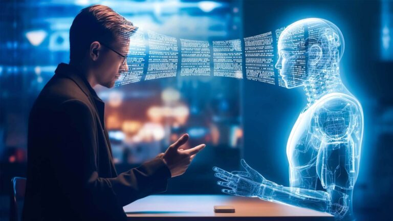 Illustration de l'IA sauvage au travail : homme échangeant des données avec une IA, risque de fuite de données en entreprise.