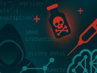 Hacker, code, poison bottle, syringe, and brain. Symbol of the invisible cyber threat and data poisoning for MCP 2026.