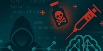 Hacker, code, poison bottle, syringe, and brain. Symbol of the invisible cyber threat and data poisoning for MCP 2026.