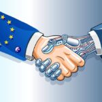 Europe et IA : poignée de main entre un homme et un robot, symbole de l'implantation de l'intelligence artificielle en Europe.