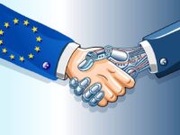 Europe et IA : poignée de main entre un homme et un robot, symbole de l'implantation de l'intelligence artificielle en Europe.