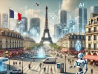 Futuristic Paris: Eiffel Tower, French flag, Haussmann architecture. AI light circuits, robots and holograms symbolize the adoption of generative AI in France.