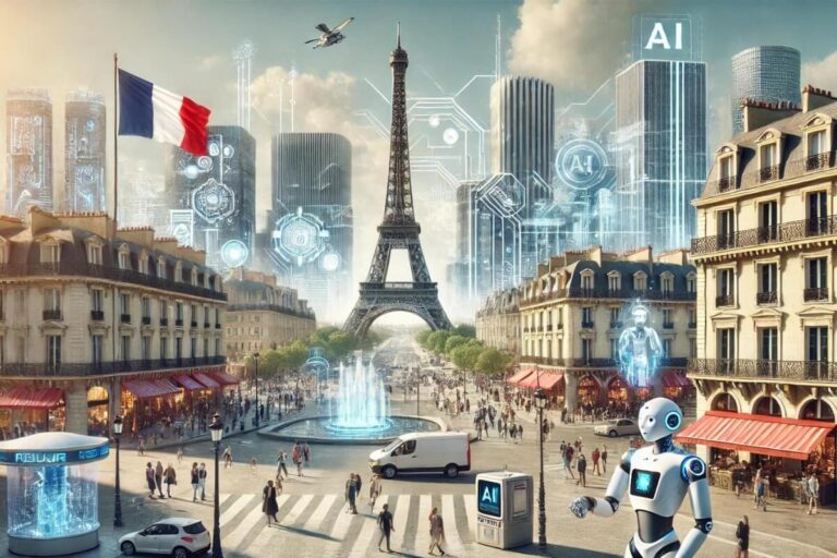 Futuristic Paris: Eiffel Tower, French flag, Haussmann architecture. AI light circuits, robots and holograms symbolize the adoption of generative AI in France.
