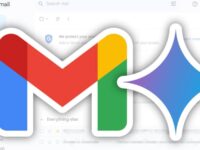 Logo Gmail coloré fusionnant avec l'icône Gemini étincelante sur fond d'interface Gmail. Représente l'IA augmentée de Gmail par Gemini.