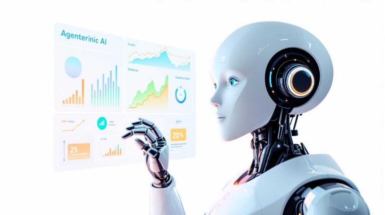 Robot humanoïde blanc manipulant une interface holographique de données. Symbole de l'IA autonome et de l'intelligence artificielle.