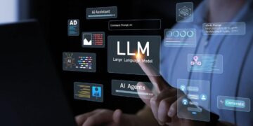 Hand interacting with a holographic interface displaying LLM, AI Agents and AI Assistant, symbolizing artificial intelligence.