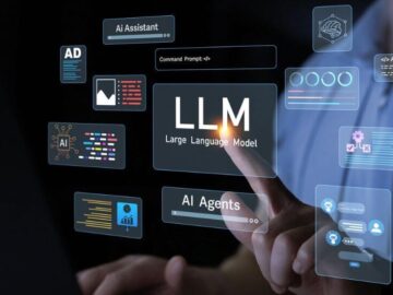 Hand interacting with a holographic interface displaying LLM, AI Agents and AI Assistant, symbolizing artificial intelligence.