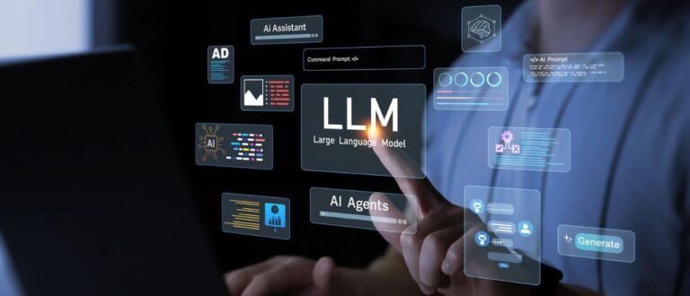 Hand interacting with a holographic interface displaying LLM, AI Agents and AI Assistant, symbolizing artificial intelligence.