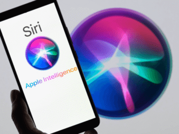 Hand holding a smartphone displaying the Siri logo and the text Apple Intelligence, symbolizing the new generation of AI assistants.