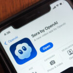 Écran de smartphone affichant l'application Sora d'OpenAI sur l'App Store, une IA vidéo pour le e-commerce.