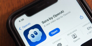 Écran de smartphone affichant l'application Sora d'OpenAI sur l'App Store, une IA vidéo pour le e-commerce.