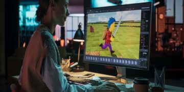 Video game developer creating a 3D character on screen, illustrating generative AI and its impact on creators.