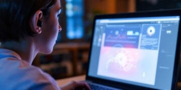 Femme concentrée devant un ordinateur portable affichant des graphiques et données complexes, symbolisant le paradoxe de l'IA et la tech moderne.