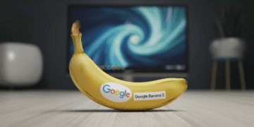 Banane jaune marquée Google et "Google Banana 2" devant un écran bleu tourbillonnant. Symbolise l'IA de Google pour la création visuelle.
