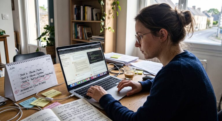 Femme concentrée évaluant l'IA Claude sur MacBook, avec calendrier de tests et notes détaillées sur les requêtes complexes.