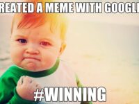 Celebrity baby from the Success Kid meme, fist clenched with sand, text "CREATED A MEME WITH GOOGLE+" and "#WINNING".