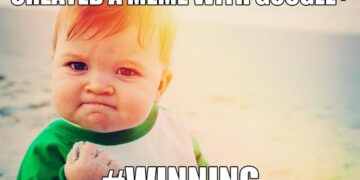 Celebrity baby from the Success Kid meme, fist clenched with sand, text "CREATED A MEME WITH GOOGLE+" and "#WINNING".