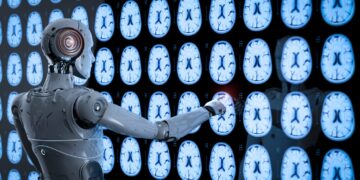 Un robot interagit avec des images de cerveaux humains scannés.