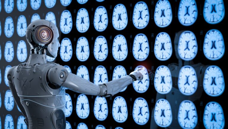 Un robot interagit avec des images de cerveaux humains scannés.