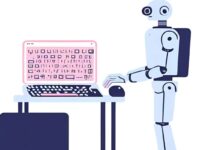 Light blue robot typing on a laptop, pink screen displays illegible text. Represents AI and robotic text.