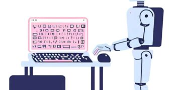 Light blue robot typing on a laptop, pink screen displays illegible text. Represents AI and robotic text.