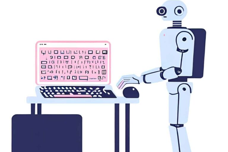 Light blue robot typing on a laptop, pink screen displays illegible text. Represents AI and robotic text.