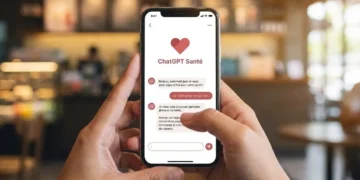Mains tenant un smartphone affichant l'application ChatGPT Santé. L'IA dialogue avec l'utilisateur sur un mal de tête, offrant conseils. IA médicale, données santé.