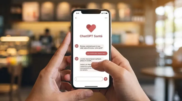 Mains tenant un smartphone affichant l'application ChatGPT Santé. L'IA dialogue avec l'utilisateur sur un mal de tête, offrant conseils. IA médicale, données santé.