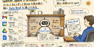 Illustration d'un robot nommé Gemini Spark fournissant un Daily Brief à un homme.