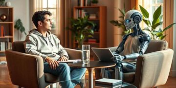 Jeune homme discute avec un robot humanoïde, son coach IA personnel, dans un salon moderne. Scène de soutien numérique.