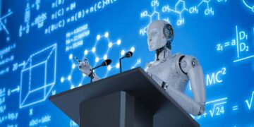 Robot humanoïde blanc parlant derrière un pupitre, avec des formules scientifiques et des structures moléculaires lumineuses sur fond bleu.