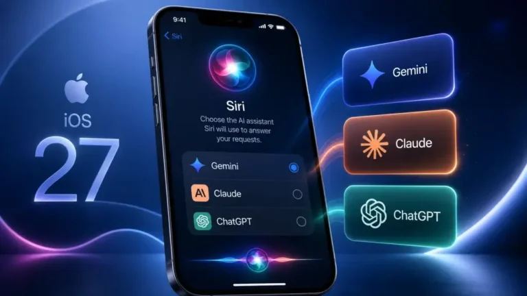 Siri interface on an iPhone showing the option to choose between Gemini, Claude, and ChatGPT to answer queries.