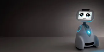 Un robot blanc au design doux, avec un écran facial affichant de grands yeux bleus expressifs et un sourire, éclairé par des accents lumineux bleus.