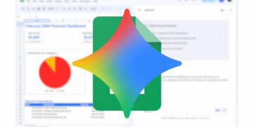 Logo coloré de Google Gemini sur une interface Google Sheets affichant un tableau de bord financier.