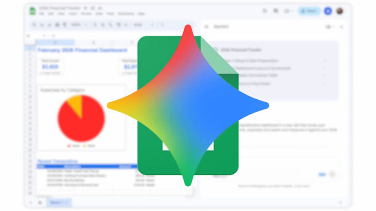 A colorful Google Gemini logo on a Google Sheets interface displaying a financial dashboard.