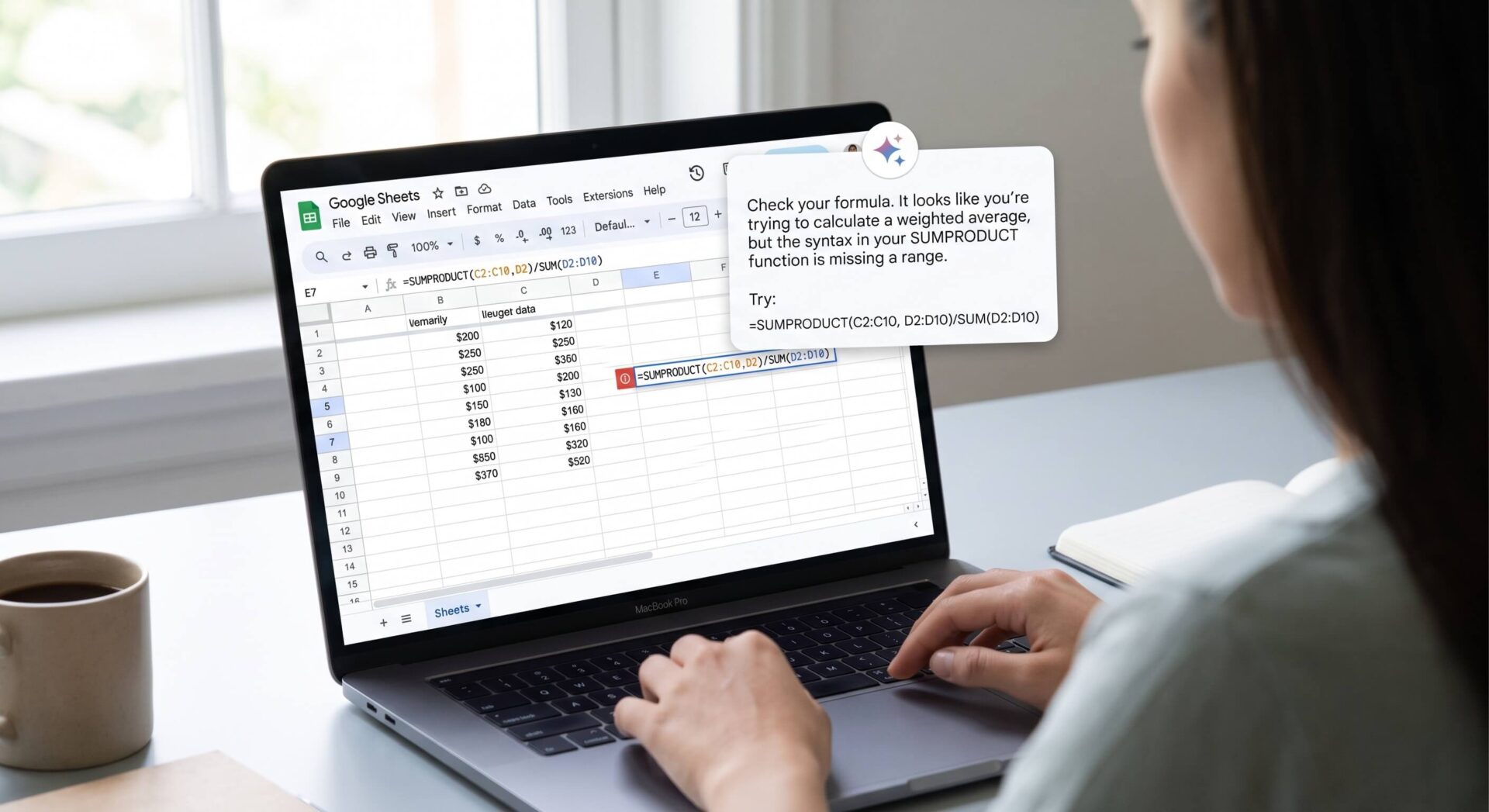 The Gemini AI assistant suggesting a correction for a SUMPRODUCT formula error in the Google Sheets interface.