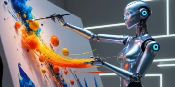 Robot humanoïde IA peignant une toile abstraite colorée. Illustration de la créativité assistée par IA et des générateurs d'images en 2026.