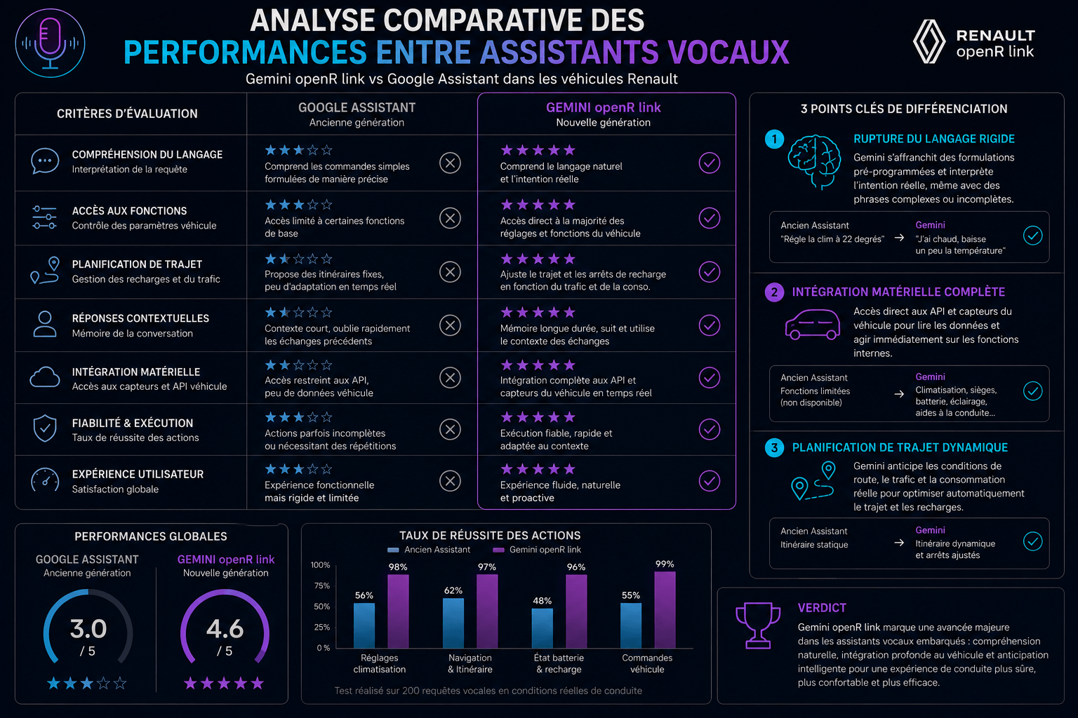Tableau comparatif des performances entre Gemini openR link et Google Assistant dans les véhicules Renault, révélant la supériorité de la nouvelle IA.