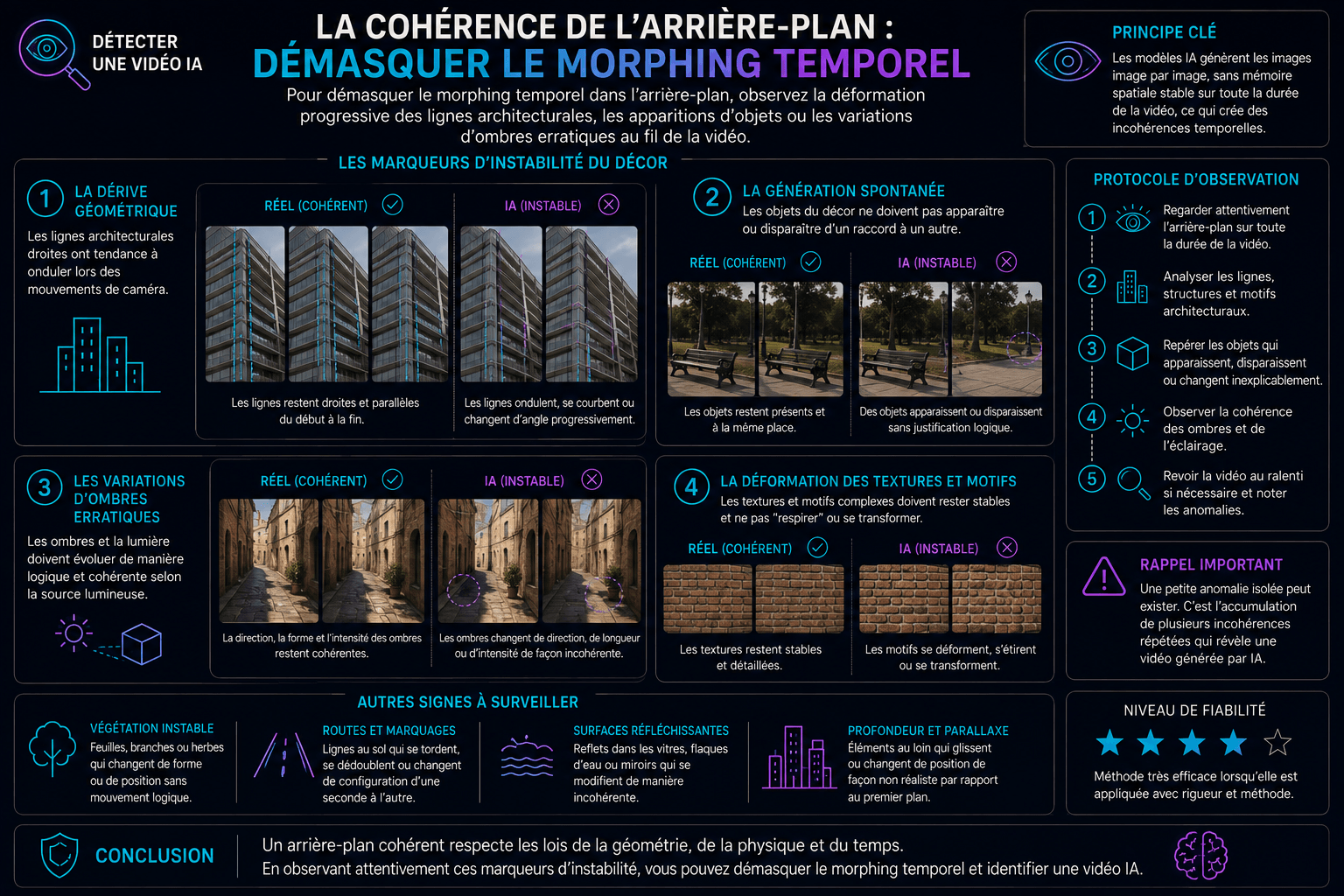 Guide visuel pour détecter les vidéos IA en analysant les incohérences de l'arrière-plan : dérive géométrique, objets, ombres, textures.