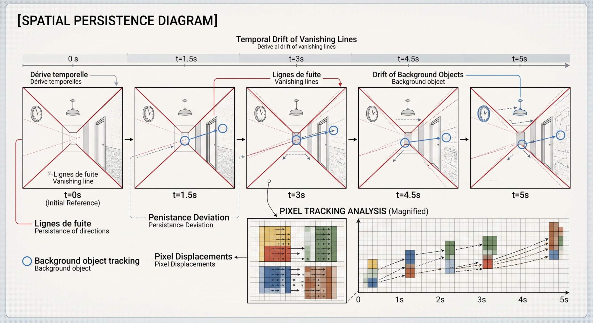 A spatial persistence diagram showing the temporal drift of vanishing lines and background objects, revealing inconsistencies in AI-generated videos.