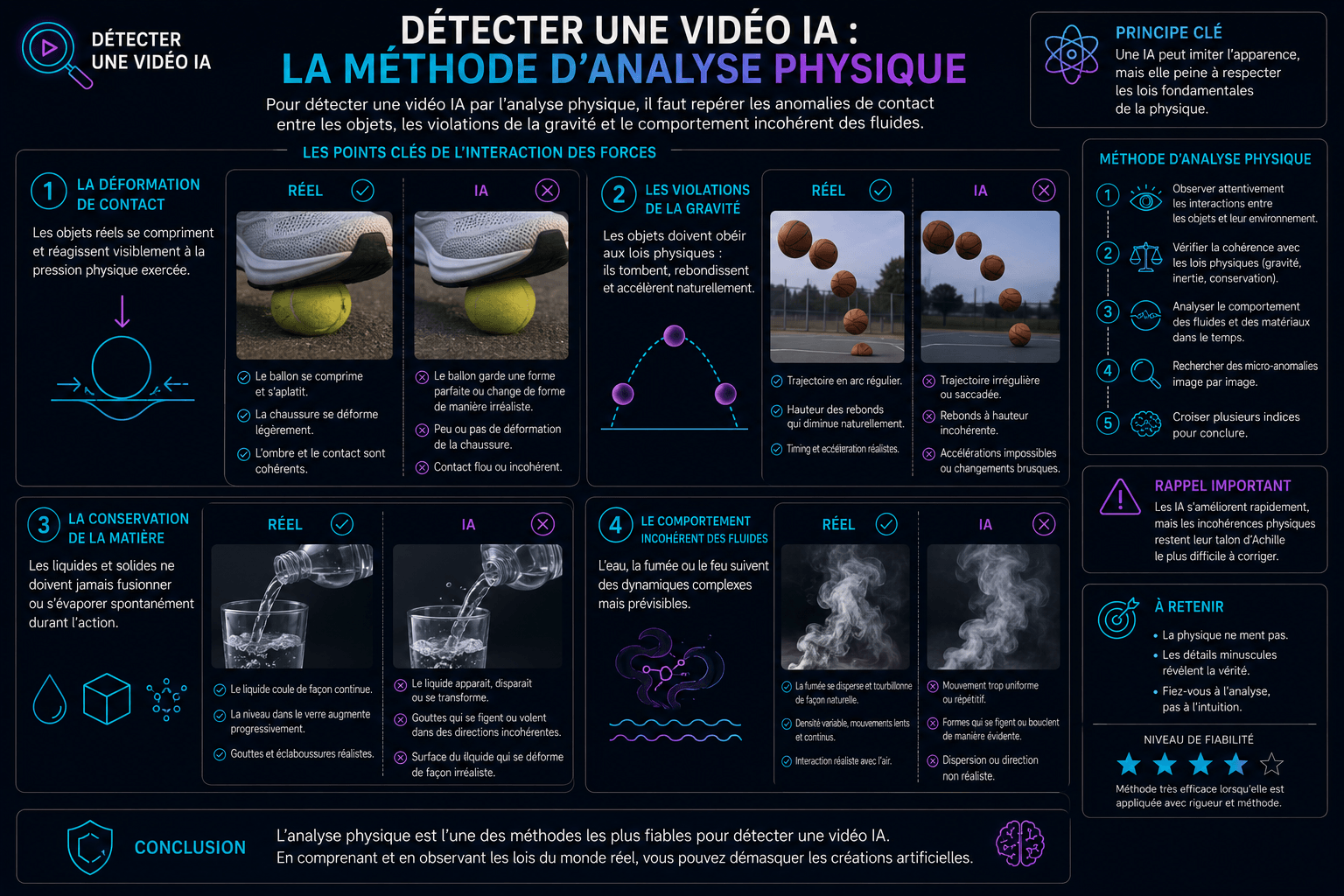 Infographie expliquant comment détecter une vidéo IA par l'analyse physique: déformation, gravité, matière, fluides.