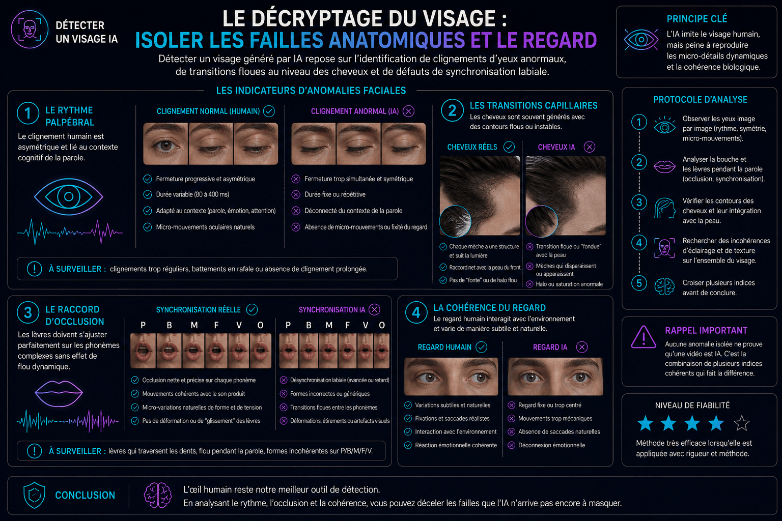 Infographie détaillée des indicateurs visuels pour détecter un visage généré par IA : clignement, cheveux, lèvres, regard.