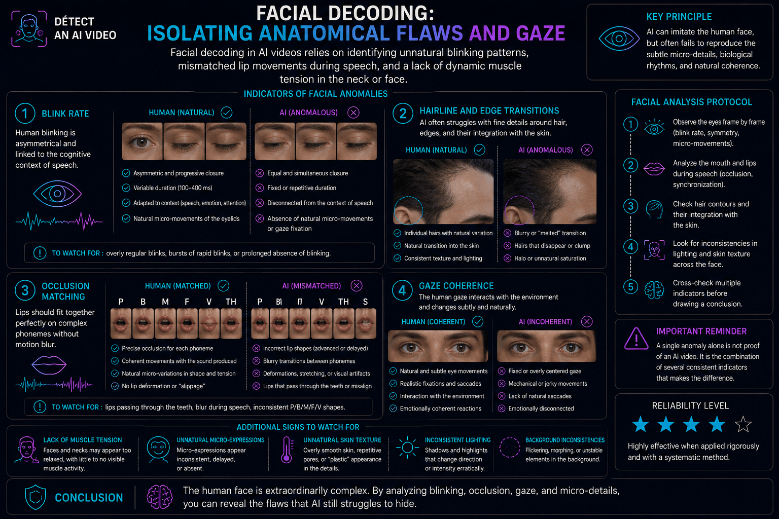 Infographie détaillée sur la détection des vidéos générées par IA : analyse des anomalies faciales, clignements, regards, et transitions capillaires.