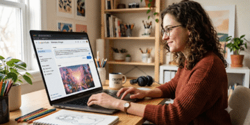 Femme souriante utilisant Google AI Studio sur son laptop pour générer des visuels IA, optimisant son workflow éditorial.