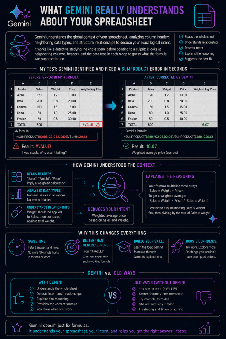Infographie détaillée sur Gemini corrigeant une erreur #VALUE! dans Google Sheets, expliquant sa logique et les bénéfices pour l'utilisateur.