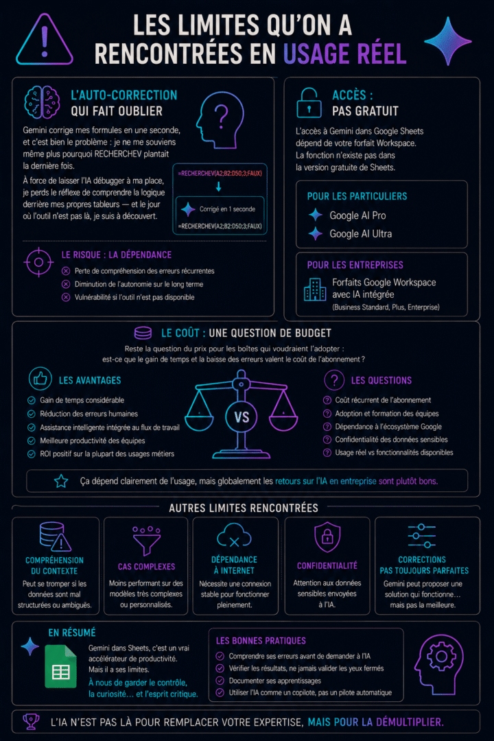 Infographie détaillée sur les limites et défis de l'intégration de Gemini dans Google Sheets, notamment pour la correction de RECHERCHEV.