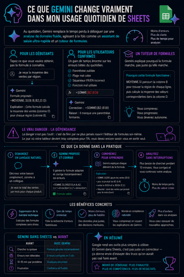 Infographie détaillant comment Gemini transforme l'usage de Google Sheets, corrigeant les formules et simplifiant l'analyse de données.