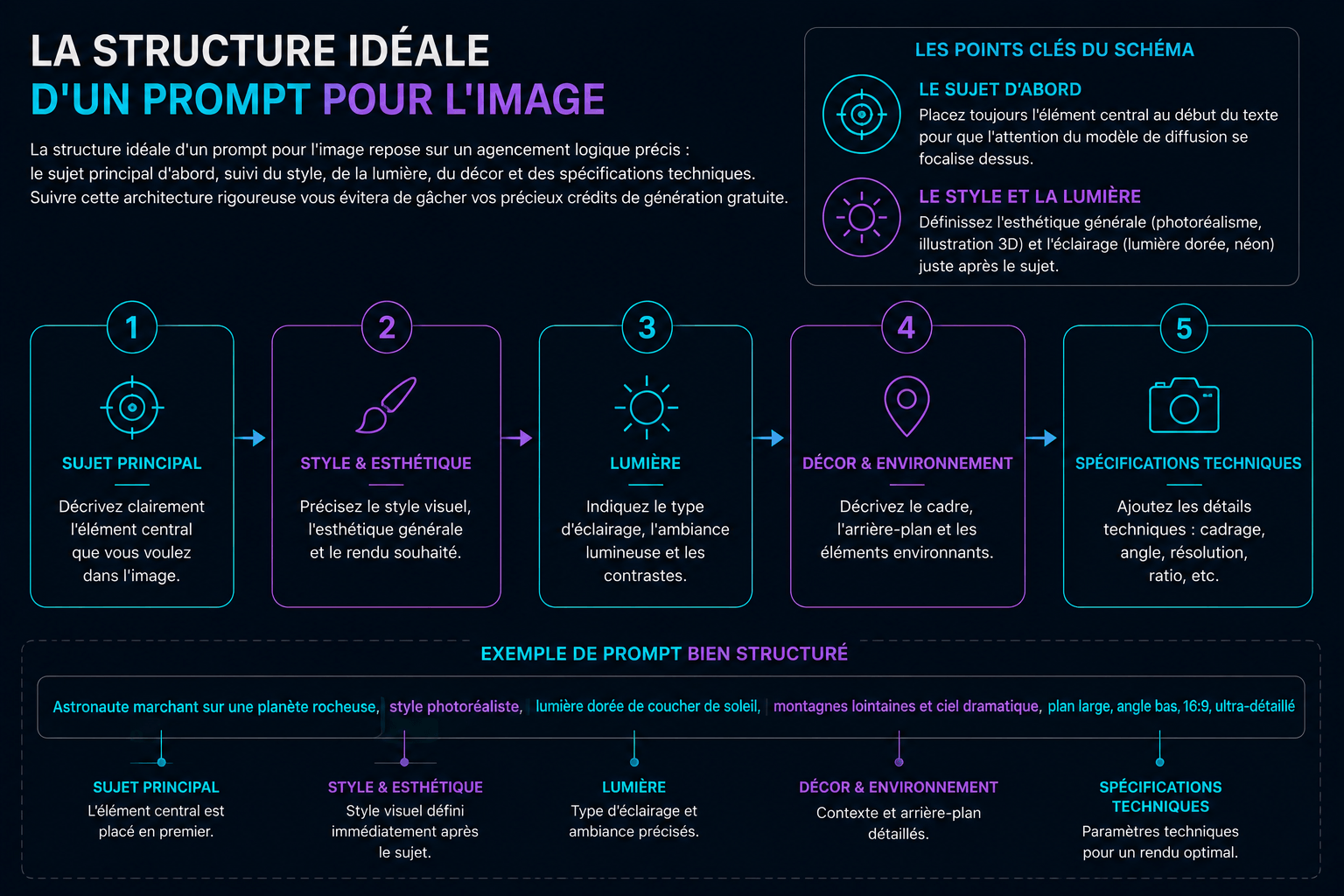 Structure idéale d'un prompt pour générer des visuels IA : 5 étapes clés (sujet, style, lumière, décor, specs) et exemple détaillé.