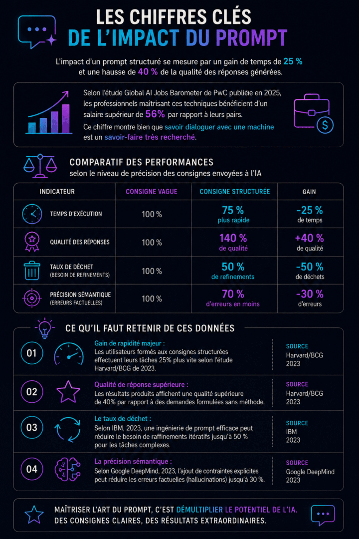 Infographie détaillant l'impact des prompts structurés sur la performance IA : gain de temps, qualité, précision et réduction des déchets.